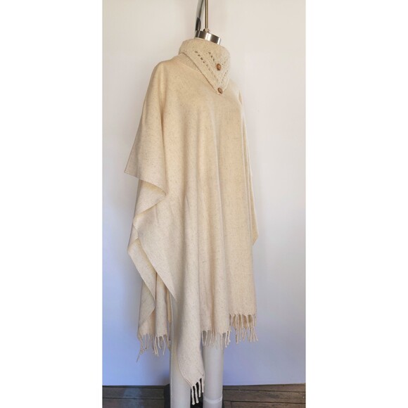 Vintage Turtleneck Wool Poncho Cape Oversized Ethnic Tribal Southwestern Fringe - Picture 3 of 6